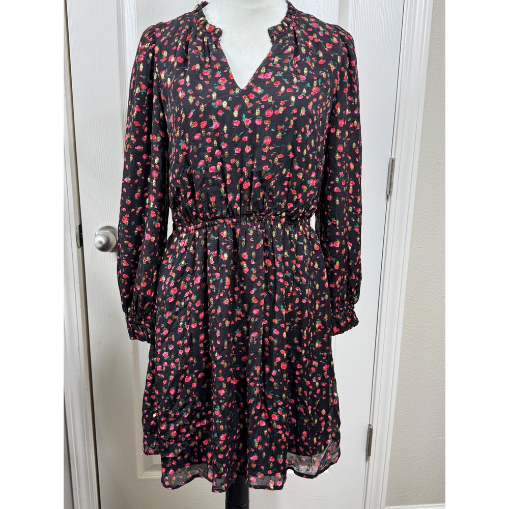J.Crew Size 6 Floral Midi Dress Long Sleeve Ruffle Neck Black Pink Gold Boho